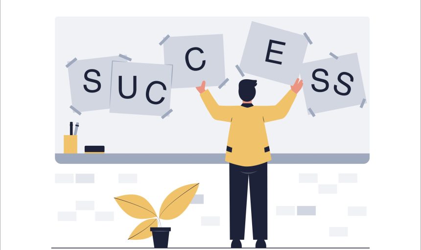 Business Success Concept. Businessman sort success wording. Flat Vector illustration.
