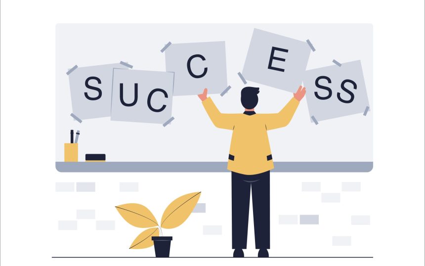 Business Success Concept. Businessman sort success wording. Flat Vector illustration.